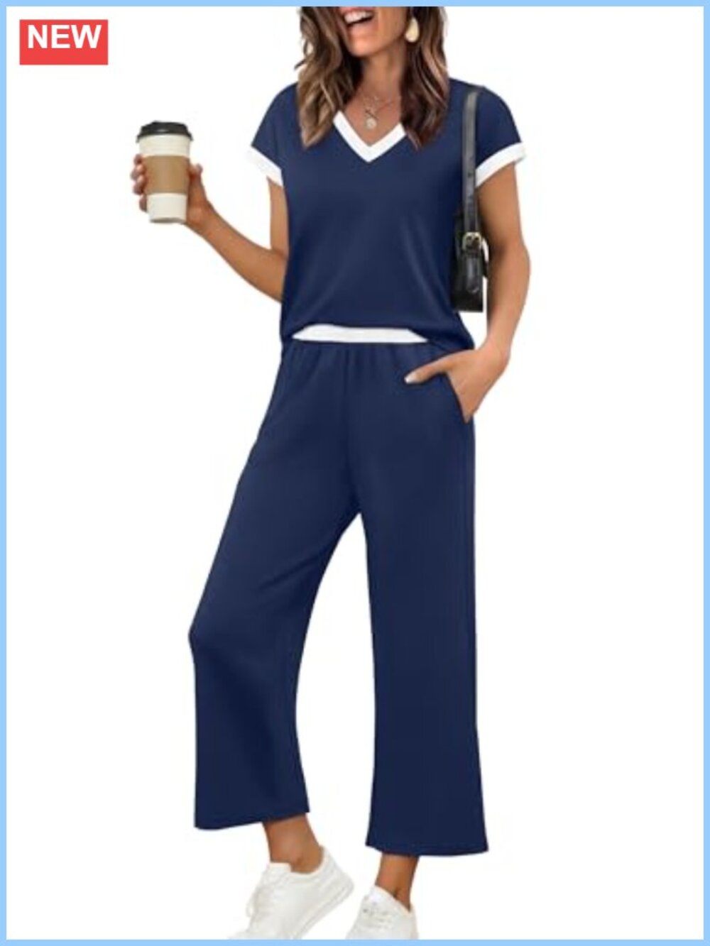 Two Piece Lounge Set Womens V Neck Cap Sleeve Top Wide Leg Pants Travel Outfit